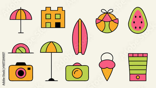 Comprehensive collection of summer vacation and holiday themed icons for travel and leisure activities featuring essential elements for getaways and relaxation