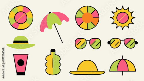 Comprehensive sun protection icon set featuring sunscreen uv shielding and outdoor safety elements for health and wellness applications