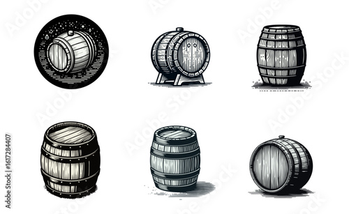 A collection of sixteen detailed, monochrome illustrations of wooden barrels in various shapes, sizes, and orientations, set against a white background.