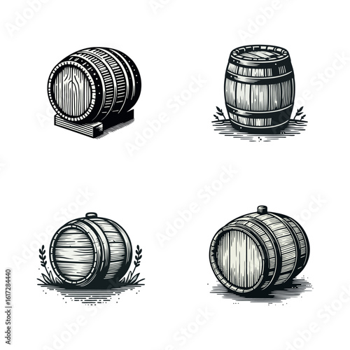 A collection of sixteen detailed, monochrome illustrations of wooden barrels in various shapes, sizes, and orientations, set against a white background.