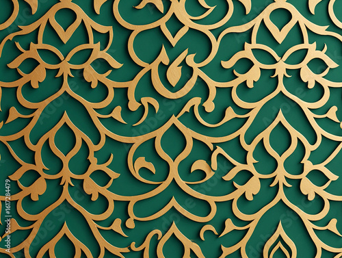 Intricate gold arabesque pattern on a deep green background