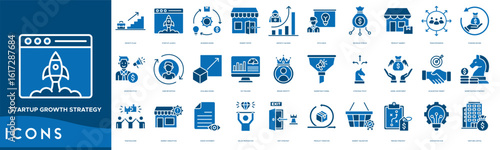 Startup Growth Strategy icon set. Growth Plan, Startup Launch, Business Model, Market Entry, Growth Hacking, Pitch Deck, Revenue Stream and Product Market