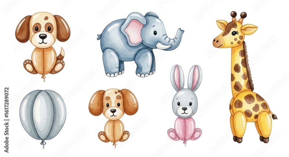 Naklejka premium Adorable animal balloons featuring a dog, elephant, giraffe and rabbit, perfect for birthday parties and celebrations