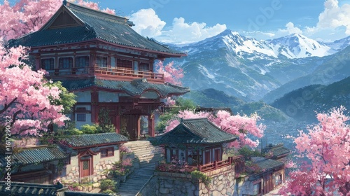 Traditional Asian Temple Amidst Blossoming Cherry Trees and Snow-Capped Mountains