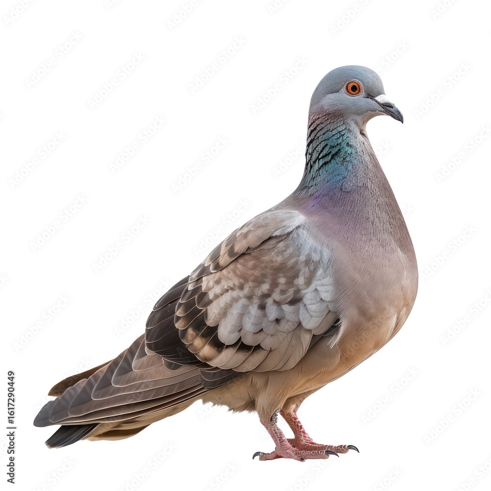 Fototapeta premium A grey pigeon with a blue head and white beak standing on a transparent background.