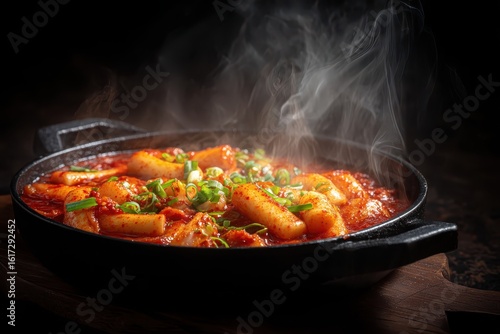 Delicious Korean Tteokbokki in a Wok, Steaming Hot