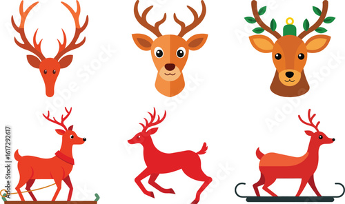 Vector art of a collection of flat design christmas reindeer icons including heads, full bodies, and a sleigh isolated on transparent background