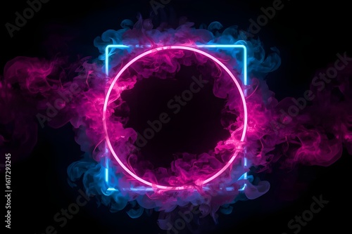smoky background with a glowing neon geometric frame.abstract, neon, shapes,backgrounds.