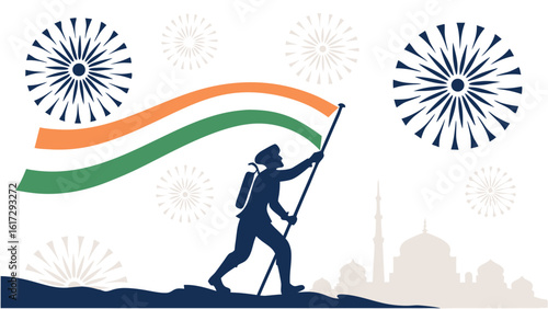 Person raising flag with fireworks