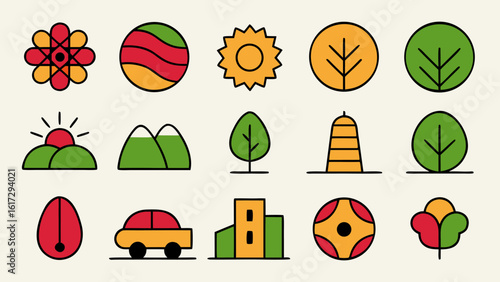 Collection of colorful glyph icons representing various categories and themes presented as a cohesive visual set for diverse design applications
