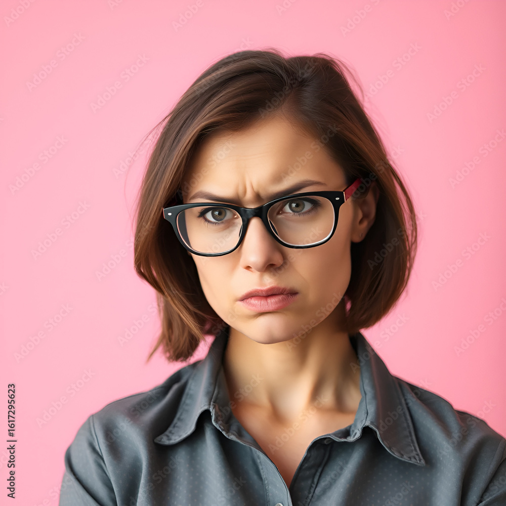 Fototapeta premium Indoor shot of indignant woman frowns face in displeasure, wears spectacles, shirt, models against pink background, doesnt like something dressed in casual shirt. Facial expressions concept.