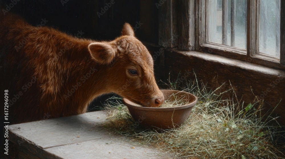 Fototapeta premium A brown calf eating from a bowl in a rustic setting, illuminated by soft natural light from a nearby window.