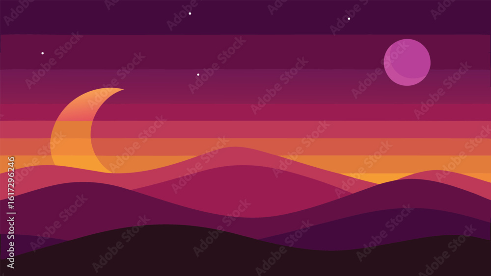 Obraz premium Vibrant alien landscape with two moons and glowing crescent under a starry purple sky