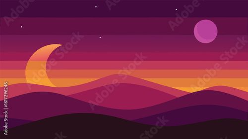 Vibrant alien landscape with two moons and glowing crescent under a starry purple sky