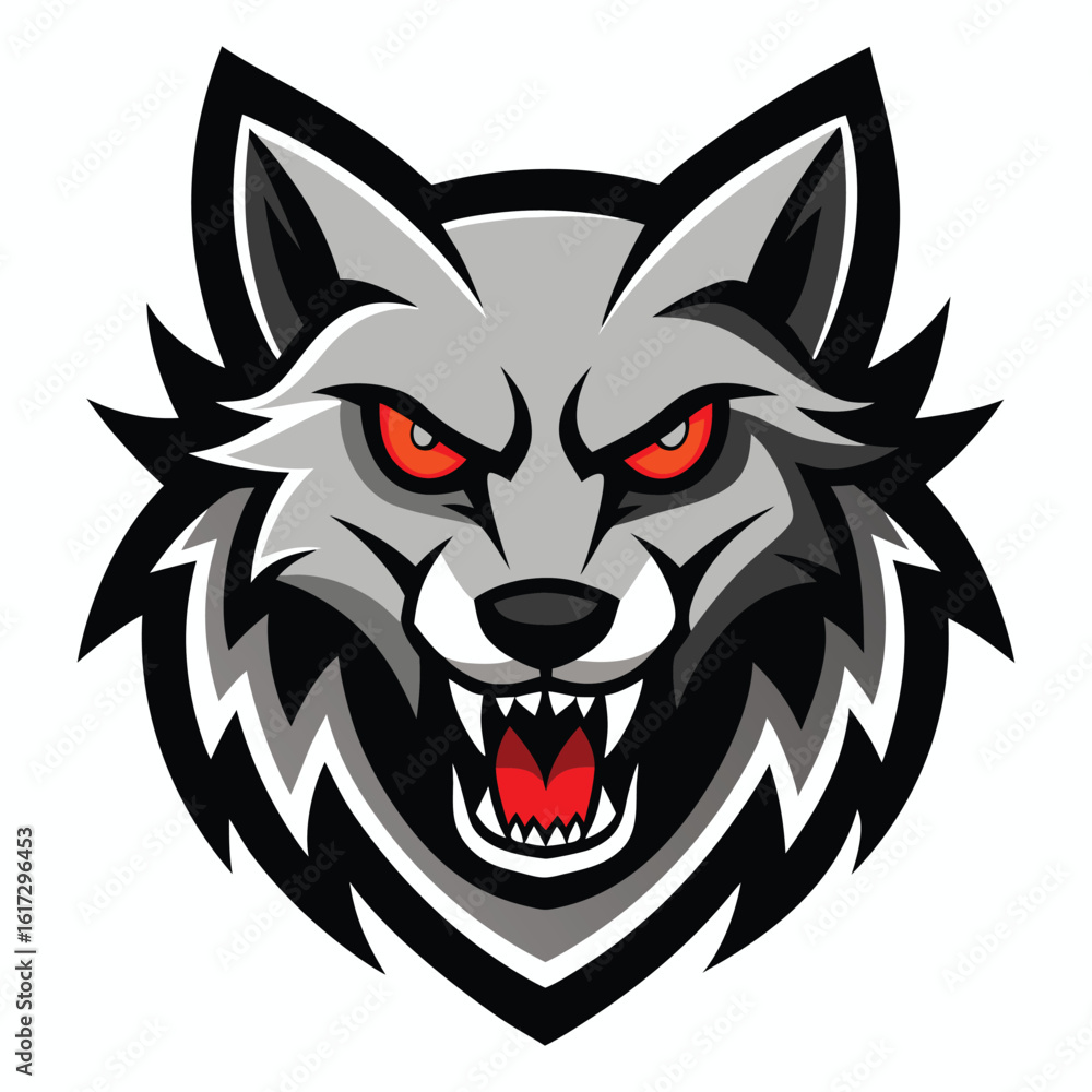 Obraz premium Fierce grey wolf head with glowing red eyes and bared teeth