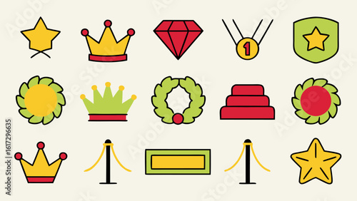 Premium vip status symbol collection featuring a regal crown sparkling diamond and quality assurance emblems for exclusive recognition and luxury branding