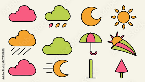 Comprehensive collection of simple vibrant weather symbols including atmospheric phenomena designed for clear visual communication and digital applications