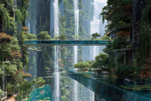 Futuristic Cityscape: The Line, NEOM, Saudi Arabia, with Mirrored Structures and Lush Greenery.