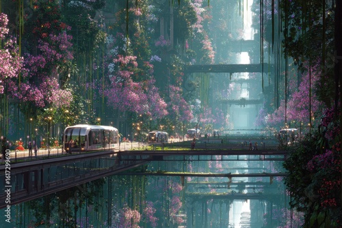 Futuristic Cityscape with Lush Vegetation and Waterways, Blending Nature and Urban Design.