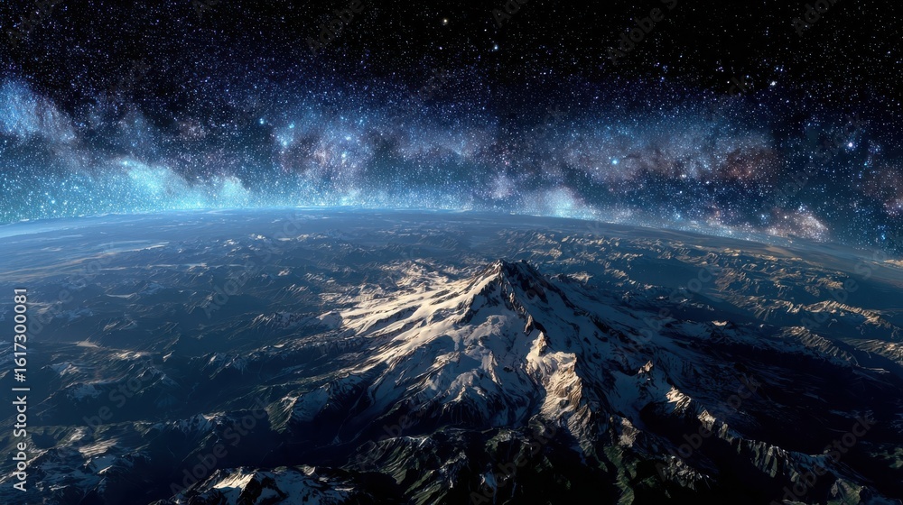 Fototapeta premium Snow-Capped Mountain Under a Starry Night Sky