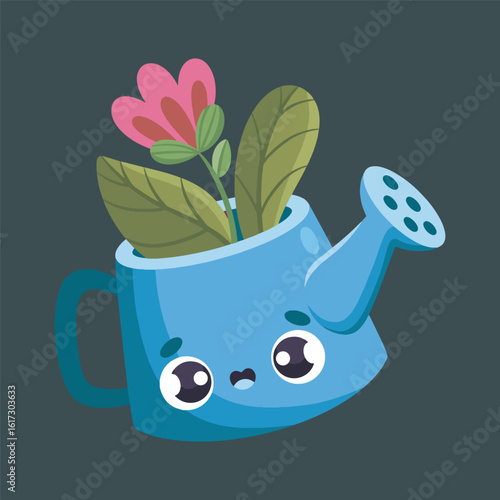 watering can with cute face and flower in isolated background