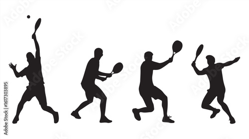 Silhouettes of Tennis Players in Action Poses on White Background.