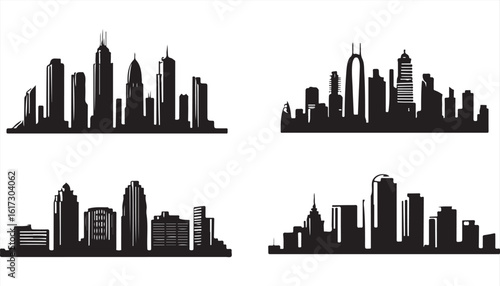 City Skyline Silhouettes. Diverse Architectural Elements in Monochrome