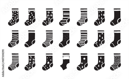 Black and White Sock Silhouettes with Assorted Playful Pattern Designs.