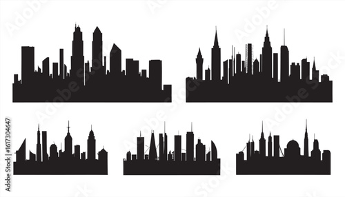 City Skyline Silhouettes. Diverse Architectural Elements in Monochrome