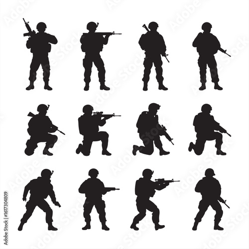 Soldier Silhouettes Showing Combat Poses, Tactical Gear, and Weapon Handling.