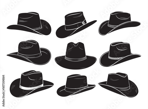 Cowboy Hat Silhouettes. Varied Western Styles and Bold Designs.