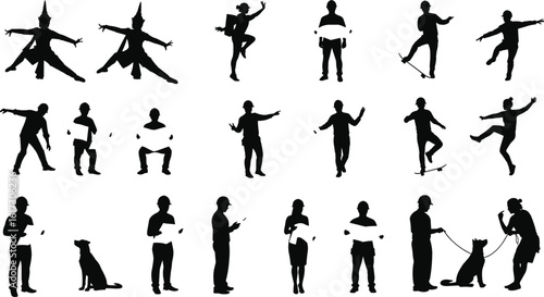 Silhouette collection of diverse people and pets in motion, standing, dancing, using mobile devices, skateboarding, walking dogs, and performing activities, isolated vector illustration