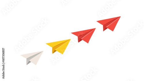 Colorful paper airplanes flying in a row isolated on white background