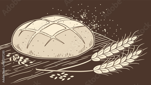 A vintage illustration of a rustic loaf of freshly baked bread with wheat stalks on a wooden cutting board, showcasing its delicious crust and wholesome grains