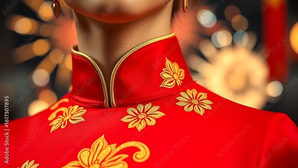 Fototapeta premium White and red silk scarf with lion motifs, draped elegantly, soft sunlight filtering through sheer curtains.