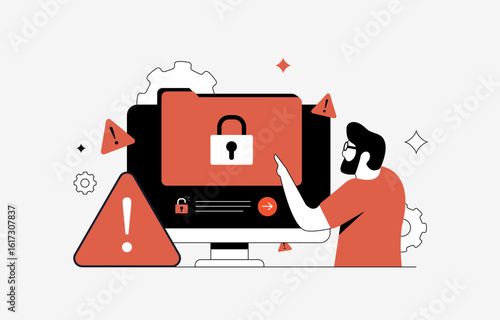 Ransomware attack with hacker locking personal data folders, demanding ransom payment for file decryption. Ransomware attack, malware infection and cybercrime warning isolated vector illustration