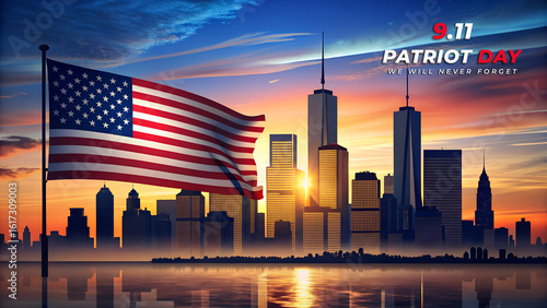 American flag waves over new york city skyline at sunset