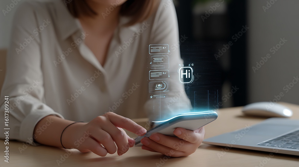 Fototapeta premium Person using smartphone with holographic interface and hi symbol