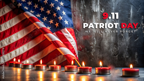 Remembering 9 11 patriot day with american flag and candles