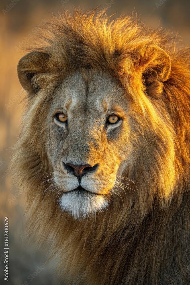Obraz premium Majestic Lion Portrait: Intense Gaze, Golden Mane, Wildlife Beauty, Close-Up