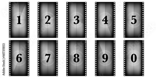 9x16 retro countdown timer with vertical film reel layout. Vintage screen sequence for motion clip, camera intro or television start. Grunge strip animation with timer numbers and frame