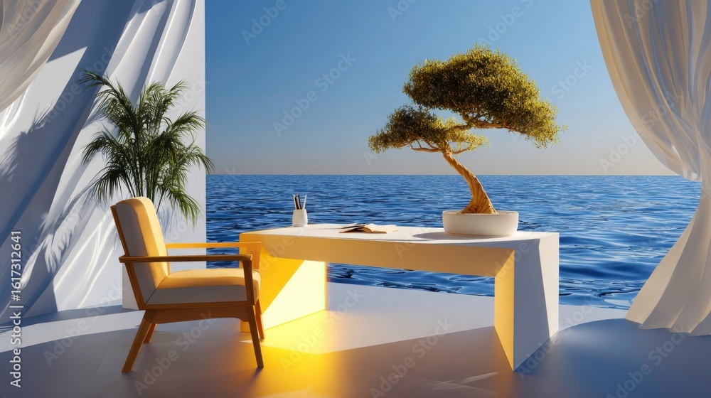 Serene Workspace: Ocean View, Desk, Bonsai, Design, Minimal Serene Workspace: Ocean View, Desk, Bonsai, Design, Minimal