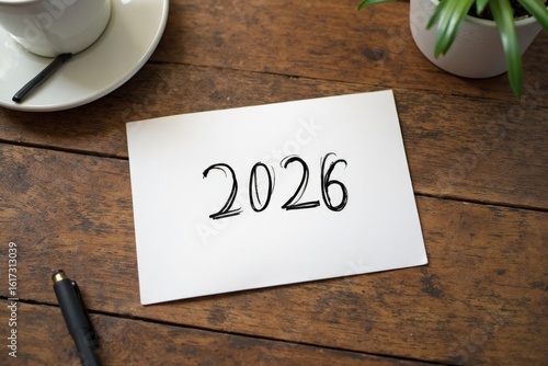 2026 Handwritten Note on Wooden Desk