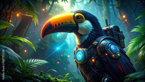 Technological Toucan Superhero With Multi Sensory Radar in Jungle Tech War Against Blurred Green Background