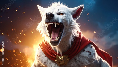 White Hyena Superhero Unleashing Sonic Blast in a Fiery Scene with Red Cape and Open Mouth