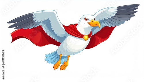 Animated Seagull Superhero with Red Cape in Mid-Flight against a White Background