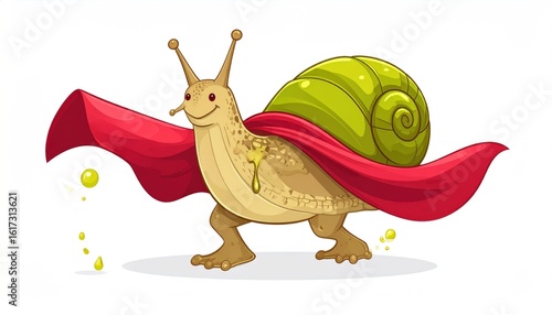 Animated Superhero Snail Wearing Red Cape Green Shell Slime Action against White Background