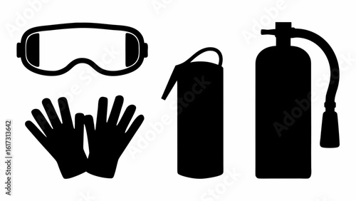 Illustration of safety goggles gloves and two fire extinguishers in black and white silhouette style