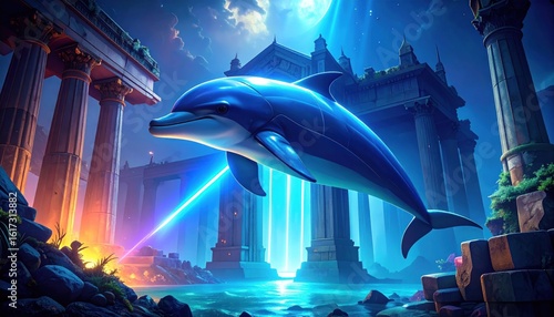 Blue Dolphin Floating With Glowing Sonar Beam Above Submerged Ancient Ruins With Architectural Columns