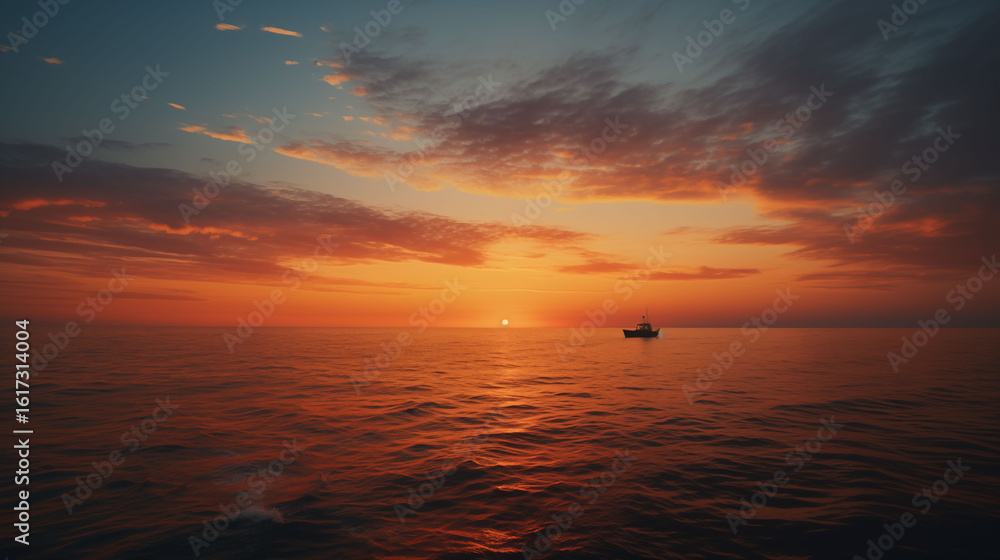 Obraz premium Simple sea sunset, the shadow of a lone fishing boat floating on the vast ocean